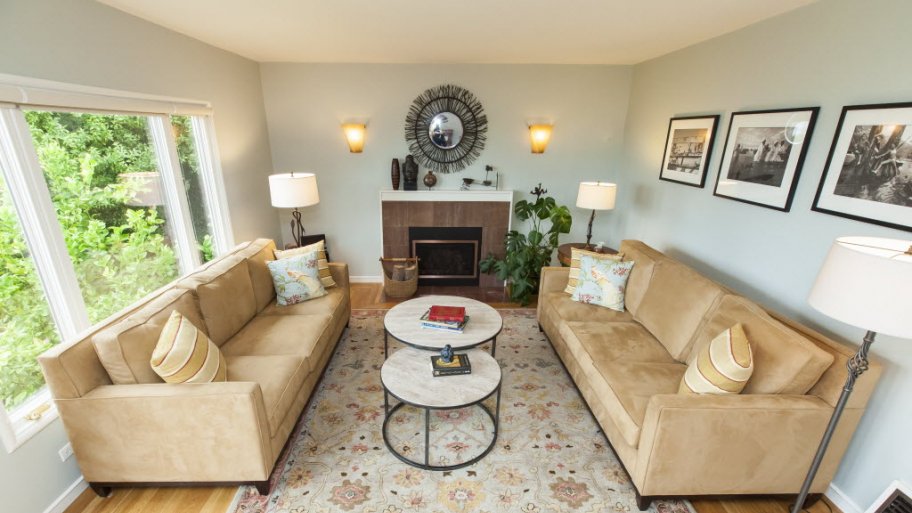 light hardwood floors, persian rug, couches